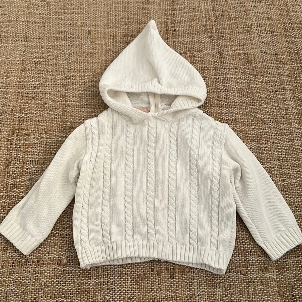 Cable Knit White Back Zip Up Hooded Sweater 9M